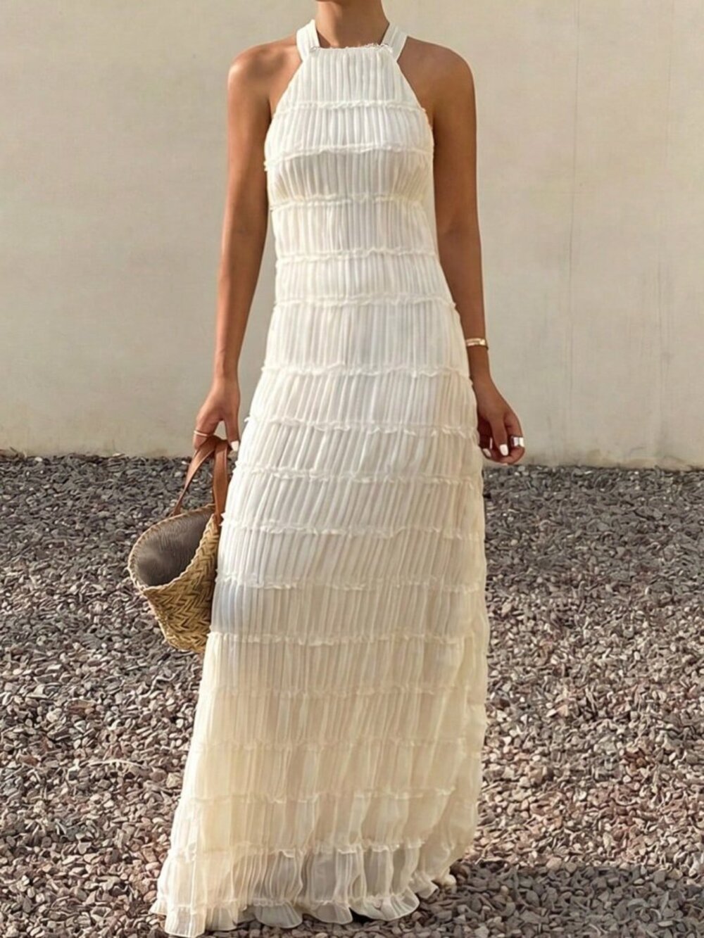Apricot Casual Women's Vacation Style Lace-Up Halter Dress - Picture 3 of 6